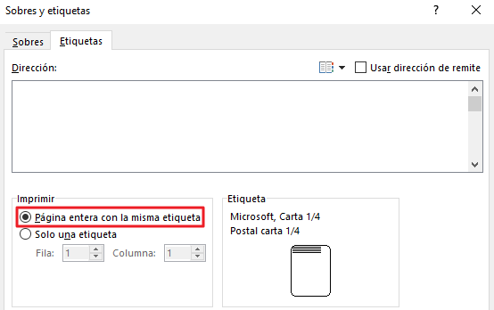 Cómo dividir una hoja o página de Word en cuatro con la función “Etiquetas”. Paso 3..