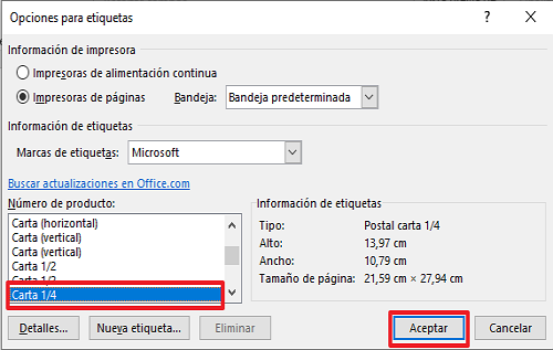 Cómo dividir una hoja o página de Word en cuatro con la función “Etiquetas”. Paso 5