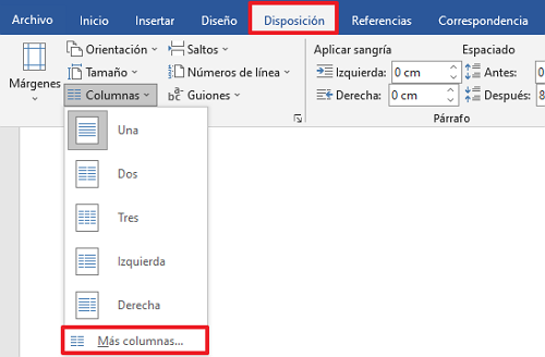 Cómo dividir una hoja o página de Word en cuatro usando la opción “Columnas”. Paso 4