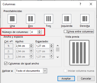 Cómo dividir una hoja o página de Word en cuatro usando la opción “Columnas”. Paso 5